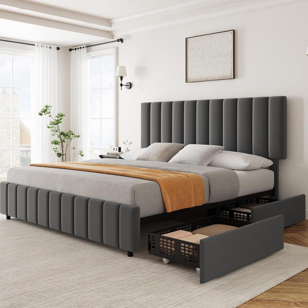 image:imageGarvee Queen Size Bed Frame with 4 Storage Drawers Adjustable Height Headboard Linen Upholstered Platform Bed Frame No Box Spring Needed Easy Assembly GreyGrey