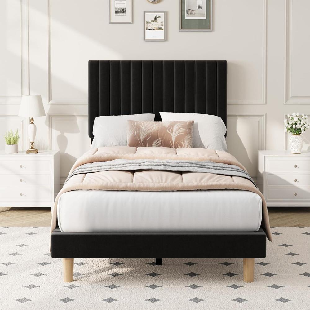 image:imageGarvee Twin Size Velvet Bed Frame Vertical Channel Tufted Headboard Height Adjustable Upholstered Platform Bed No Box Spring Needed BeigeBlack
