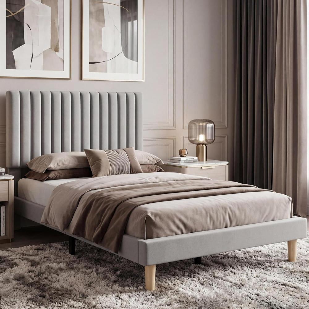 image:imageGarvee Twin Size Velvet Bed Frame Vertical Channel Tufted Headboard Height Adjustable Upholstered Platform Bed No Box Spring Needed BeigeLight Grey