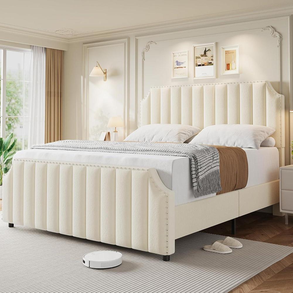 image:imageKing Size Velvet Bed Frame Vertical Channel Tufted 502 in Tall Headboard and Footboard with Nailhead Trim Upholstered Platform Bed Strong Wooden Slats No Box Spring Needed Easy Assembly GreyBeige