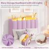 Garvee LED Twin Size Bed Frame with Storage Headboard, Kids Bed Frame with 2 Drawers, Boucle Upholstered Platform Bed for Girls, Chic Wavy Headboard with Bookcase, No Box Spring Needed, Pink(Purple)