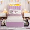 Garvee LED Twin Size Bed Frame with Storage Headboard, Kids Bed Frame with 2 Drawers, Boucle Upholstered Platform Bed for Girls, Chic Wavy Headboard with Bookcase, No Box Spring Needed, Pink(Purple)