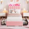 Garvee LED Twin Size Bed Frame with Storage Headboard, Kids Bed Frame with 2 Drawers, Boucle Upholstered Platform Bed for Girls, Chic Wavy Headboard with Bookcase, No Box Spring Needed, Pink(Pink)