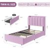 Garvee LED Twin Size Bed Frame with Storage Headboard, Kids Bed Frame with 2 Drawers, Boucle Upholstered Platform Bed for Girls, Chic Wavy Headboard with Bookcase, No Box Spring Needed, Pink(Purple)