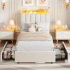 Garvee LED Twin Size Bed Frame with Storage Headboard, Kids Bed Frame with 2 Drawers, Boucle Upholstered Platform Bed for Girls, Chic Wavy Headboard with Bookcase, No Box Spring Needed, Pink(White)