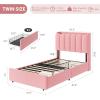 Garvee LED Twin Size Bed Frame with Storage Headboard, Kids Bed Frame with 2 Drawers, Boucle Upholstered Platform Bed for Girls, Chic Wavy Headboard with Bookcase, No Box Spring Needed, Pink(Pink)