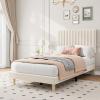 Garvee Twin Size Velvet Bed Frame, Vertical Channel Tufted Headboard, Height Adjustable, Upholstered Platform Bed, No Box Spring Needed, Beige(Beige)