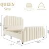 King Size Velvet Bed Frame, Vertical Channel Tufted 50.2 in Tall Headboard and Footboard with Nailhead Trim, Upholstered Platform Bed, Strong Wooden Slats, No Box Spring Needed, Easy Assembly, Grey(Beige)