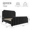 King Size Velvet Bed Frame, Vertical Channel Tufted 50.2 in Tall Headboard and Footboard with Nailhead Trim, Upholstered Platform Bed, Strong Wooden Slats, No Box Spring Needed, Easy Assembly, Grey(Black)