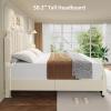 King Size Velvet Bed Frame, Vertical Channel Tufted 50.2 in Tall Headboard and Footboard with Nailhead Trim, Upholstered Platform Bed, Strong Wooden Slats, No Box Spring Needed, Easy Assembly, Grey(Beige)