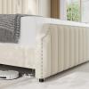 King Size Velvet Bed Frame, Vertical Channel Tufted 50.2 in Tall Headboard and Footboard with Nailhead Trim, Upholstered Platform Bed, Strong Wooden Slats, No Box Spring Needed, Easy Assembly, Grey(Beige)