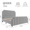 King Size Velvet Bed Frame, Vertical Channel Tufted 50.2 in Tall Headboard and Footboard with Nailhead Trim, Upholstered Platform Bed, Strong Wooden Slats, No Box Spring Needed, Easy Assembly, Grey(Grey)