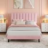 Garvee Full Size Bed Frame, Velvet Upholstered Platform Bed with Adjustable Tufted Headboard, No Box Spring Needed, Easy Assembly, Pink