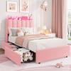 Garvee LED Twin Size Bed Frame with Storage Headboard, Kids Bed Frame with 2 Drawers, Boucle Upholstered Platform Bed for Girls, Chic Wavy Headboard with Bookcase, No Box Spring Needed, Pink(Pink)