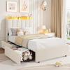 Garvee LED Twin Size Bed Frame with Storage Headboard, Kids Bed Frame with 2 Drawers, Boucle Upholstered Platform Bed for Girls, Chic Wavy Headboard with Bookcase, No Box Spring Needed, Pink(White)