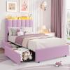 Garvee LED Twin Size Bed Frame with Storage Headboard, Kids Bed Frame with 2 Drawers, Boucle Upholstered Platform Bed for Girls, Chic Wavy Headboard with Bookcase, No Box Spring Needed, Pink(Purple)
