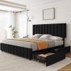 Garvee Queen Size Bed Frame with 4 Storage Drawers, Adjustable Height Headboard, Linen Upholstered Platform Bed Frame, No Box Spring Needed, Easy Assembly, Grey(Black)