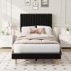 Garvee Twin Size Velvet Bed Frame, Vertical Channel Tufted Headboard, Height Adjustable, Upholstered Platform Bed, No Box Spring Needed, Beige(Black)