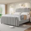 King Size Velvet Bed Frame, Vertical Channel Tufted 50.2 in Tall Headboard and Footboard with Nailhead Trim, Upholstered Platform Bed, Strong Wooden Slats, No Box Spring Needed, Easy Assembly, Grey(Grey)