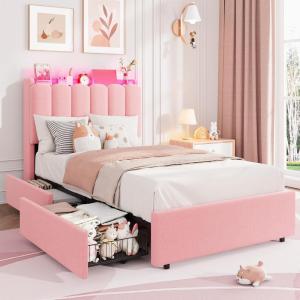 Garvee LED Twin Size Bed Frame with Storage Headboard, Kids Bed Frame with 2 Drawers, Boucle Upholstered Platform Bed for Girls, Chic Wavy Headboard with Bookcase, No Box Spring Needed, Pink(Pink)