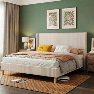 Garvee Queen Size Bed Frame, Corduroy Upholstered Queen Bed Frame with Wingback Headboard, No Box Spring Needed, Sturdy Wooden Slats, Noise Free, Yellow Cream(Full)