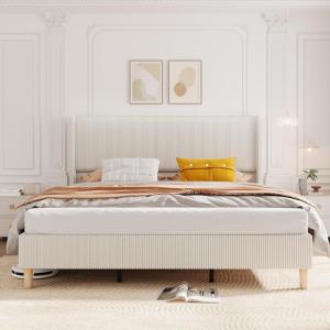 Garvee Queen Size Bed Frame, Corduroy Upholstered Queen Bed Frame with Wingback Headboard, No Box Spring Needed, Sturdy Wooden Slats, Noise Free, Yellow Cream(King)