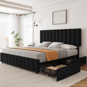 Garvee Queen Size Bed Frame with 4 Storage Drawers, Adjustable Height Headboard, Linen Upholstered Platform Bed Frame, No Box Spring Needed, Easy Assembly, Grey(Black)