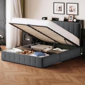 Garvee Queen Size Lift Up Storage Bed, Upholstered Velvet Bed Frame with Storage Headboard, Metal Platform Bed, No Box Spring Needed, Solid Wooden Slats, Noise Free, Black(Grey)