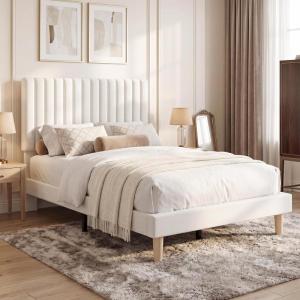 Garvee Twin Size Velvet Bed Frame, Vertical Channel Tufted Headboard, Height Adjustable, Upholstered Platform Bed, No Box Spring Needed, Beige(Beige)