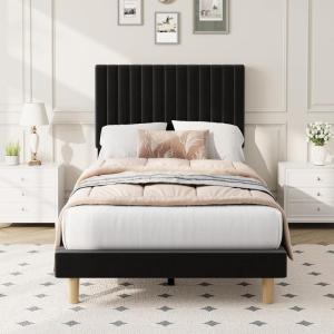 Garvee Twin Size Velvet Bed Frame, Vertical Channel Tufted Headboard, Height Adjustable, Upholstered Platform Bed, No Box Spring Needed, Beige(Black)