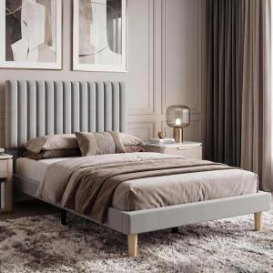Garvee Twin Size Velvet Bed Frame, Vertical Channel Tufted Headboard, Height Adjustable, Upholstered Platform Bed, No Box Spring Needed, Beige(Light Grey)