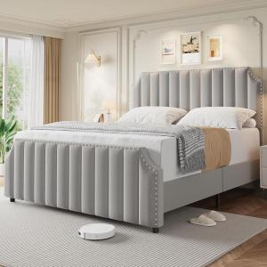 King Size Velvet Bed Frame, Vertical Channel Tufted 50.2 in Tall Headboard and Footboard with Nailhead Trim, Upholstered Platform Bed, Strong Wooden Slats, No Box Spring Needed, Easy Assembly, Grey(Grey)