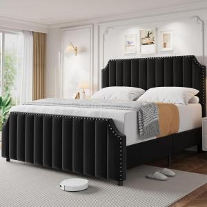 King Size Velvet Bed Frame, Vertical Channel Tufted 50.2 in Tall Headboard and Footboard with Nailhead Trim, Upholstered Platform Bed, Strong Wooden Slats, No Box Spring Needed, Easy Assembly, Grey(Black)