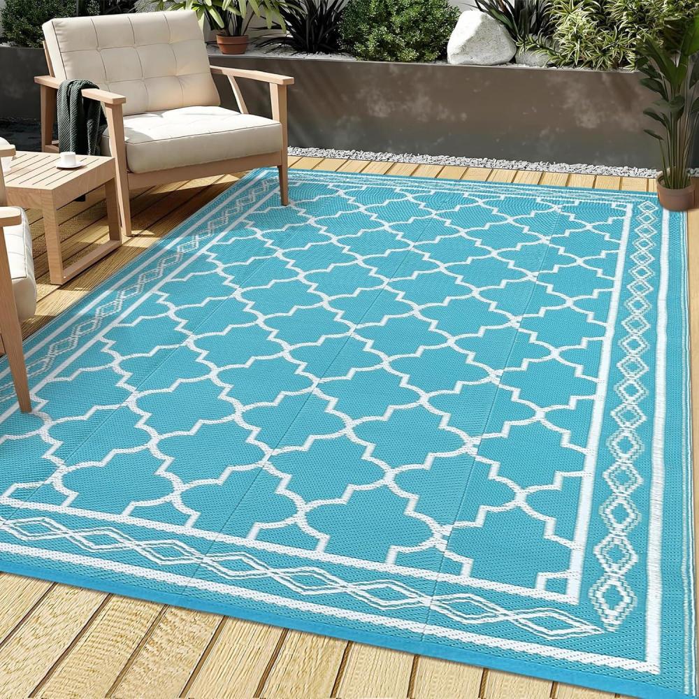 image:imageGarvee 10x14 Outdoor Rug Waterproof Reversible Patio Mat Plastic Straw Rug for PatioLarge Outdoor Carpet for RV Camping Balcony Deck Backyard Easy Clean amp PortableBlackGreyLight BlueWhite