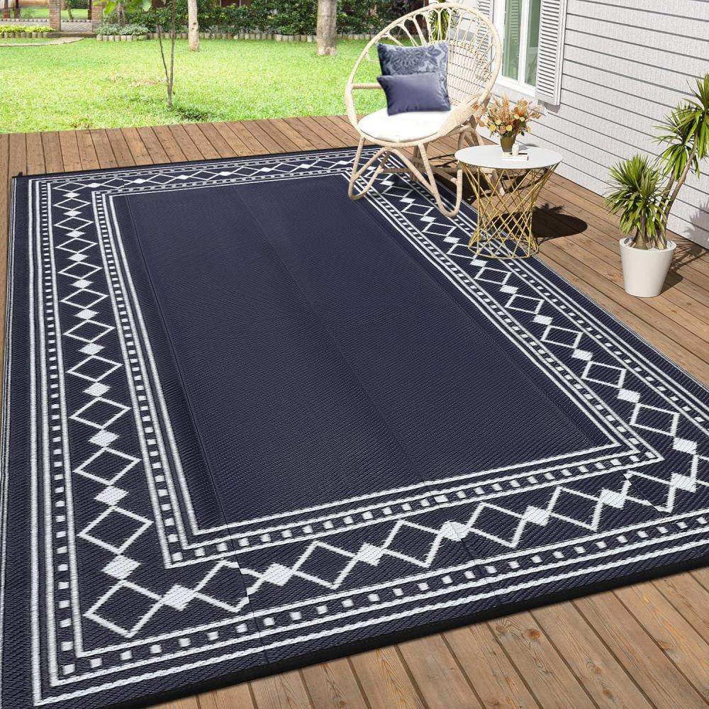 image:imageGarvee 10x14 Outdoor Rug Waterproof Reversible Patio Mat Plastic Straw Rug for PatioLarge Outdoor Carpet for RV Camping Balcony Deck Backyard Easy Clean amp PortableBlackGreyBlackBlue