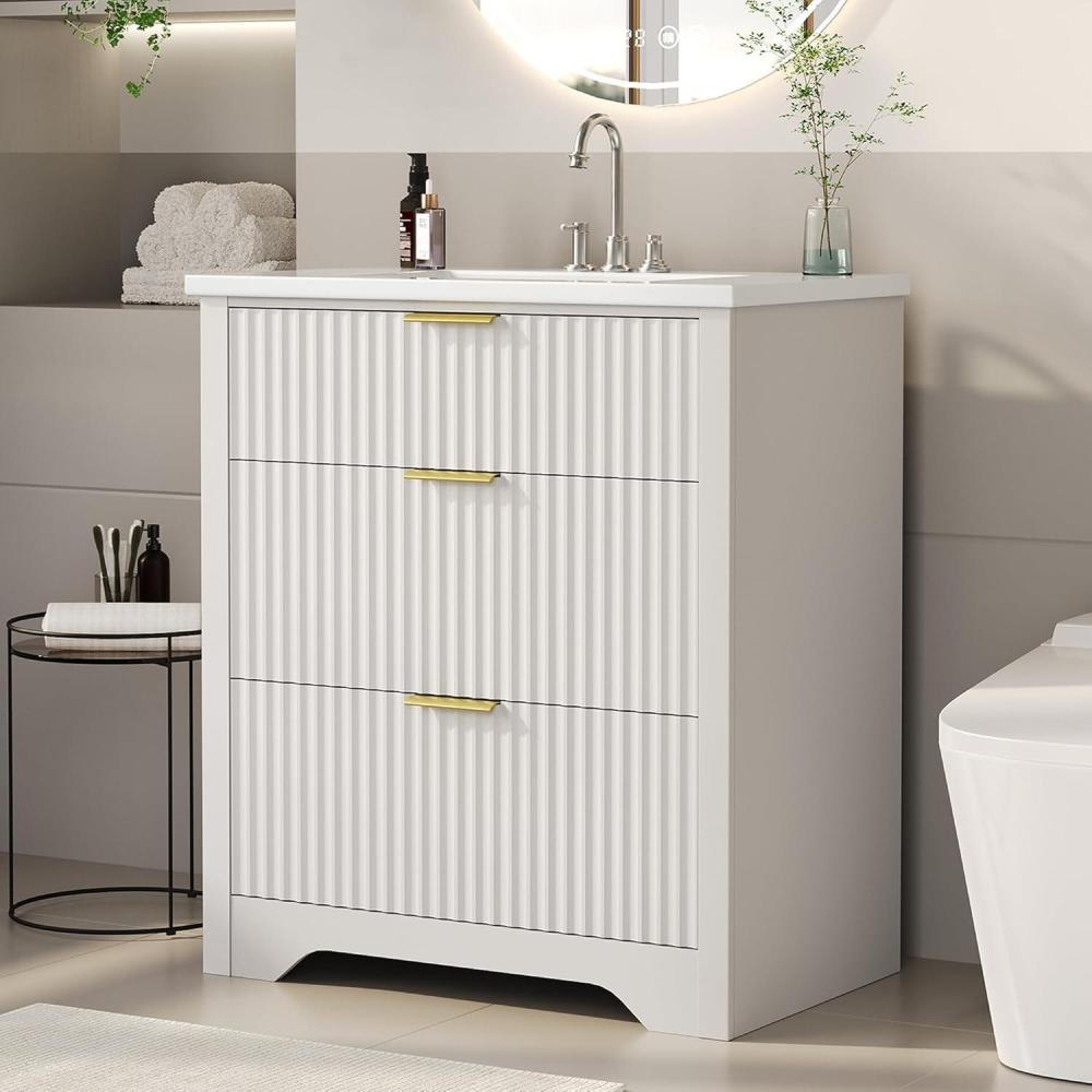 image:imageGarvee 24 Fluted Bathroom Vanity with Sink Farmhouse Freestanding Bathroom Sink Cabinet with 2 Drawers amp 1 FlipDown Drawer Easy Assembly amp Cleaning Natural OakWhite