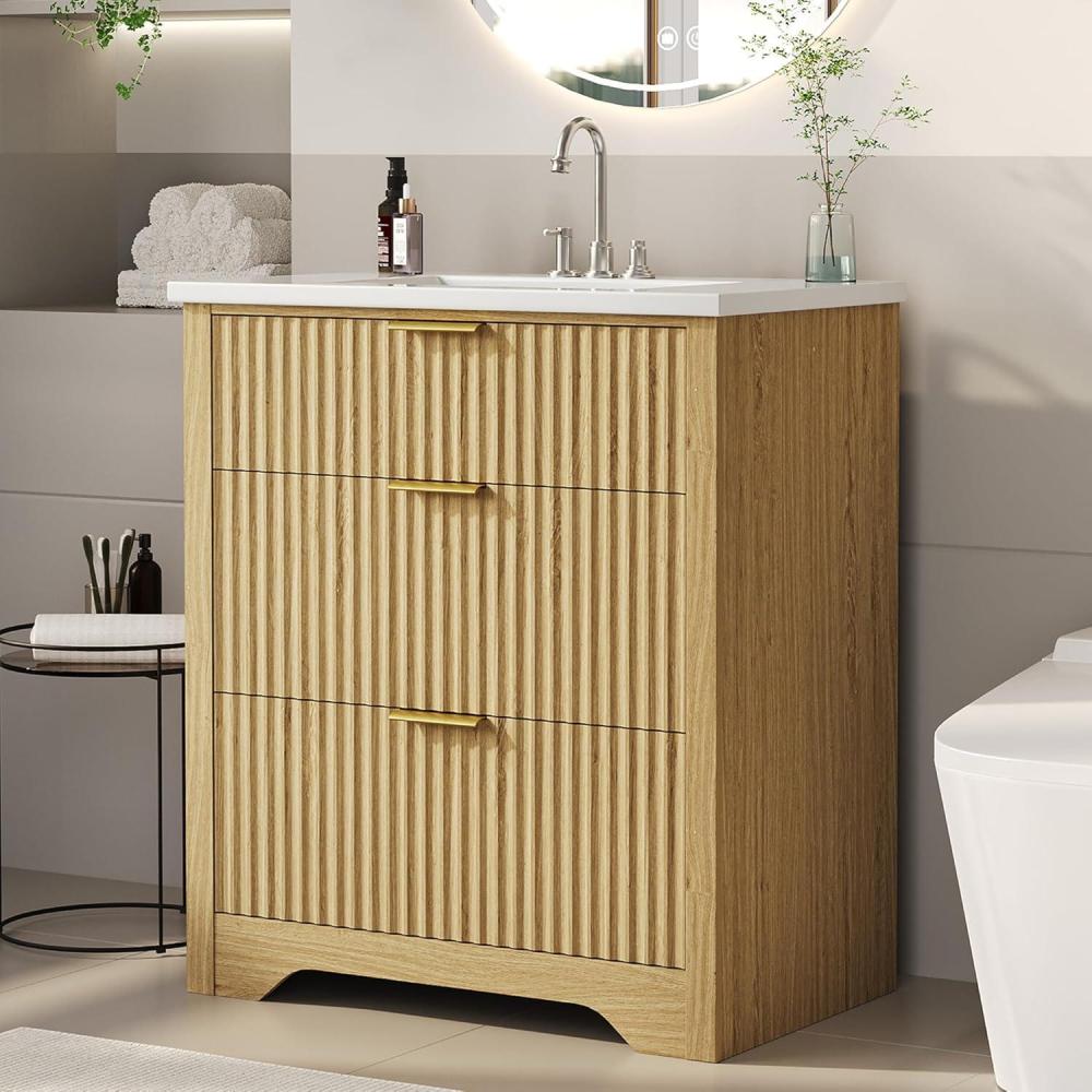 image:imageGarvee 24 Fluted Bathroom Vanity with Sink Farmhouse Freestanding Bathroom Sink Cabinet with 2 Drawers amp 1 FlipDown Drawer Easy Assembly amp Cleaning Natural OakNatural Oak