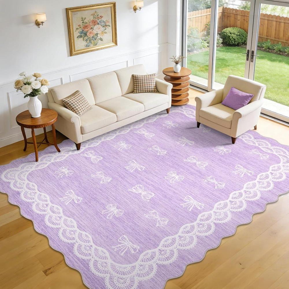 image:imageGarvee 2x6 Washable Scalloped Lace Runner Rug Soft NonShedding Low Pile Rugs Runner for Hallway Entryway Living Room Contemporary Elegant Carpet for College Playroom Kids Room BeigeBow Purple