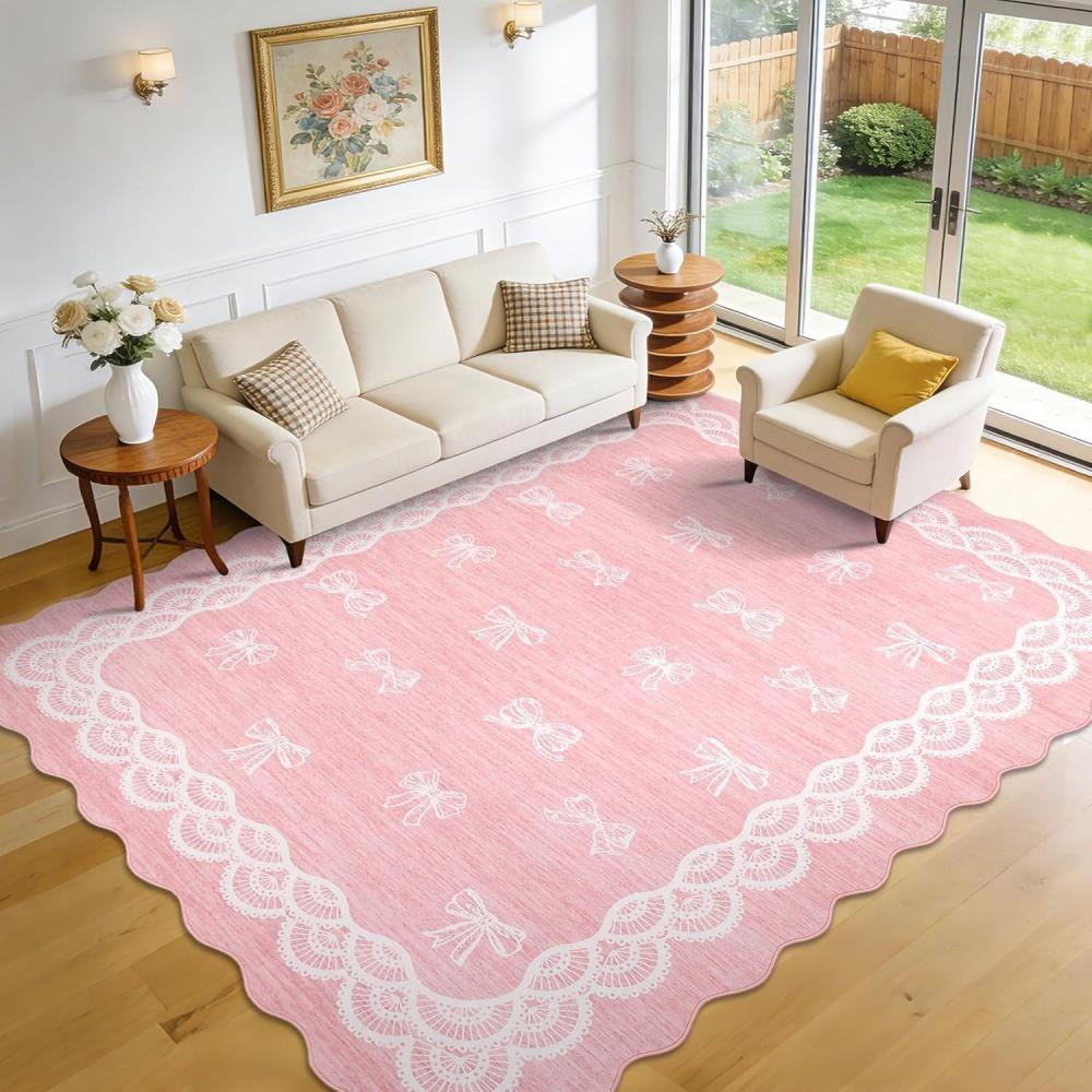 image:imageGarvee 2x6 Washable Scalloped Lace Runner Rug Soft NonShedding Low Pile Rugs Runner for Hallway Entryway Living Room Contemporary Elegant Carpet for College Playroom Kids Room BeigeBow Pink