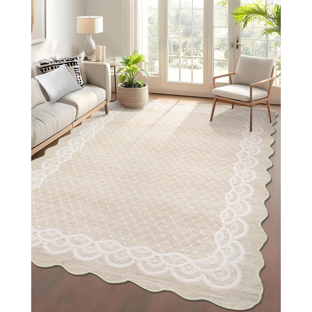 image:imageGarvee 2x6 Washable Scalloped Lace Runner Rug Soft NonShedding Low Pile Rugs Runner for Hallway Entryway Living Room Contemporary Elegant Carpet for College Playroom Kids Room BeigeLace Beige