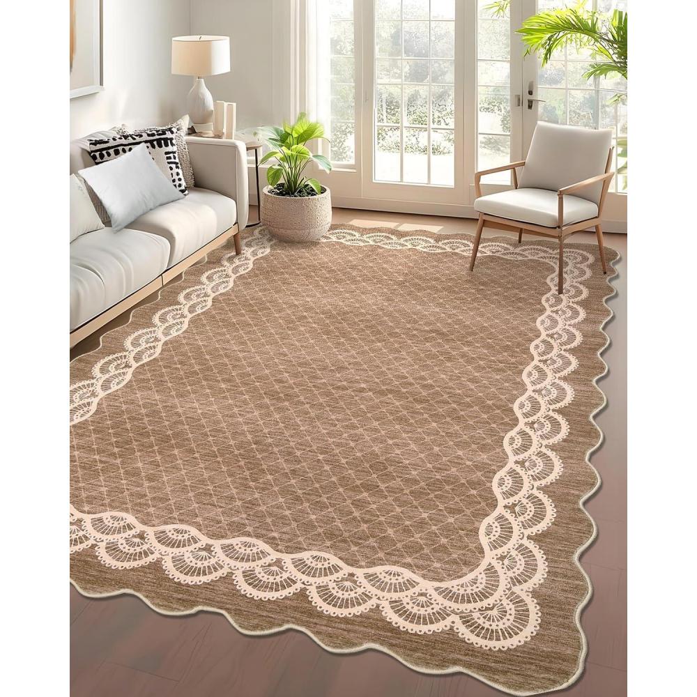 image:imageGarvee 2x6 Washable Scalloped Lace Runner Rug Soft NonShedding Low Pile Rugs Runner for Hallway Entryway Living Room Contemporary Elegant Carpet for College Playroom Kids Room BeigeLace Camel