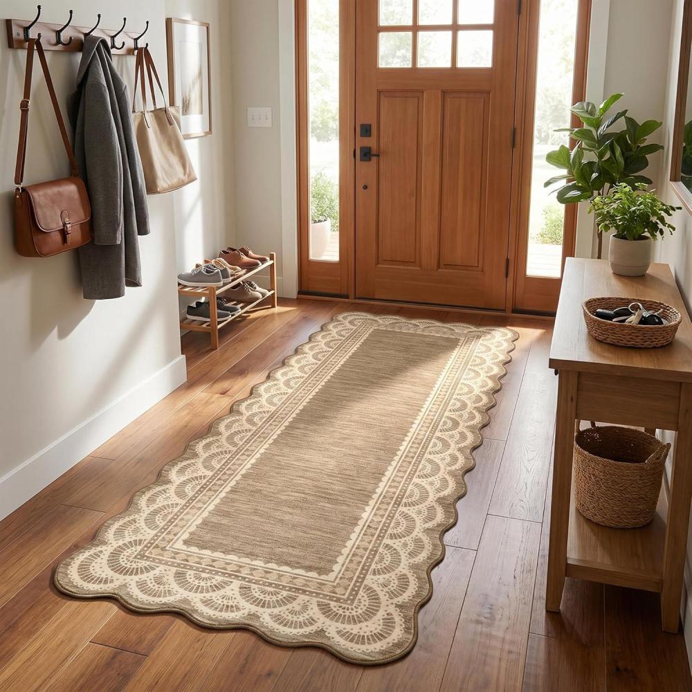 image:imageGarvee 2x6 Washable Scalloped Lace Runner Rug Soft NonShedding Low Pile Rugs Runner for Hallway Entryway Living Room Contemporary Elegant Carpet for College Playroom Kids Room BeigeScalloped Lace Brown