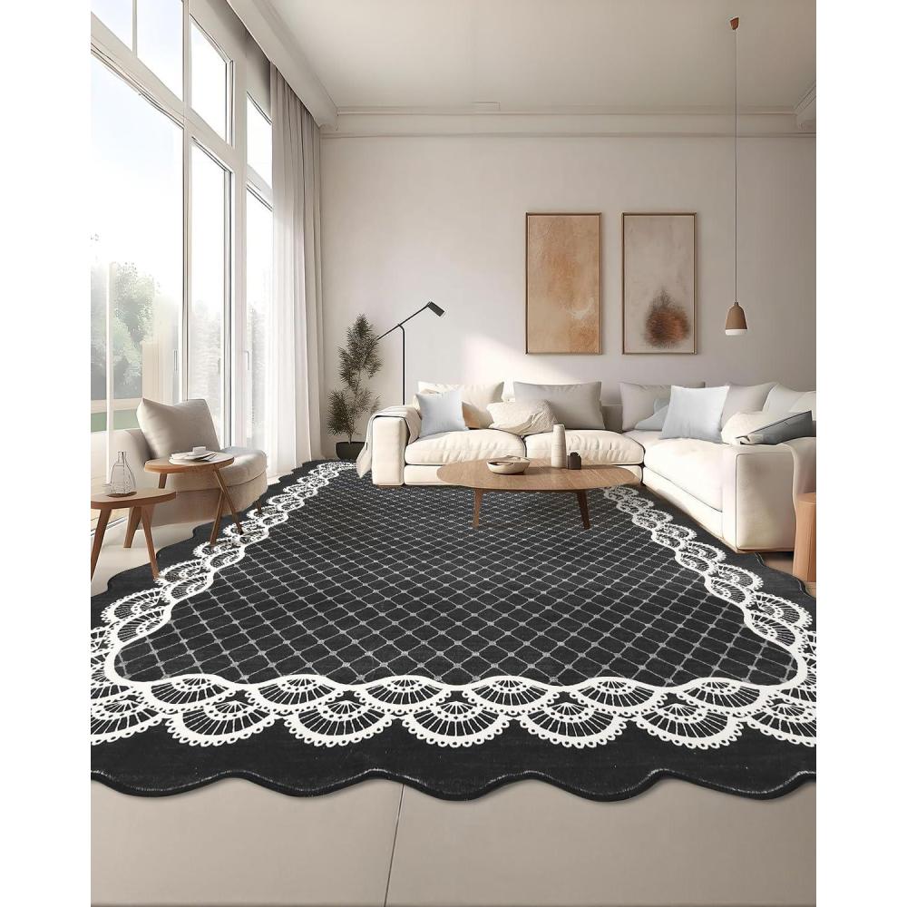image:imageGarvee 2x6 Washable Scalloped Lace Runner Rug Soft NonShedding Low Pile Rugs Runner for Hallway Entryway Living Room Contemporary Elegant Carpet for College Playroom Kids Room BeigeLace Black