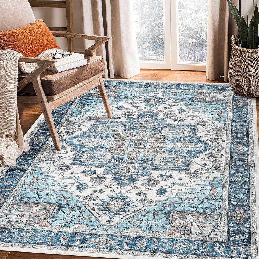 image:imageGarvee 8x10 ft Large Washable Area Rugs for Living Room  NonSlip Low Pile Boho Vintage Carpet for Bedroom Office Dining Room amp Kitchen  Machine Washable Throw Rug Home DecorBlueBlue