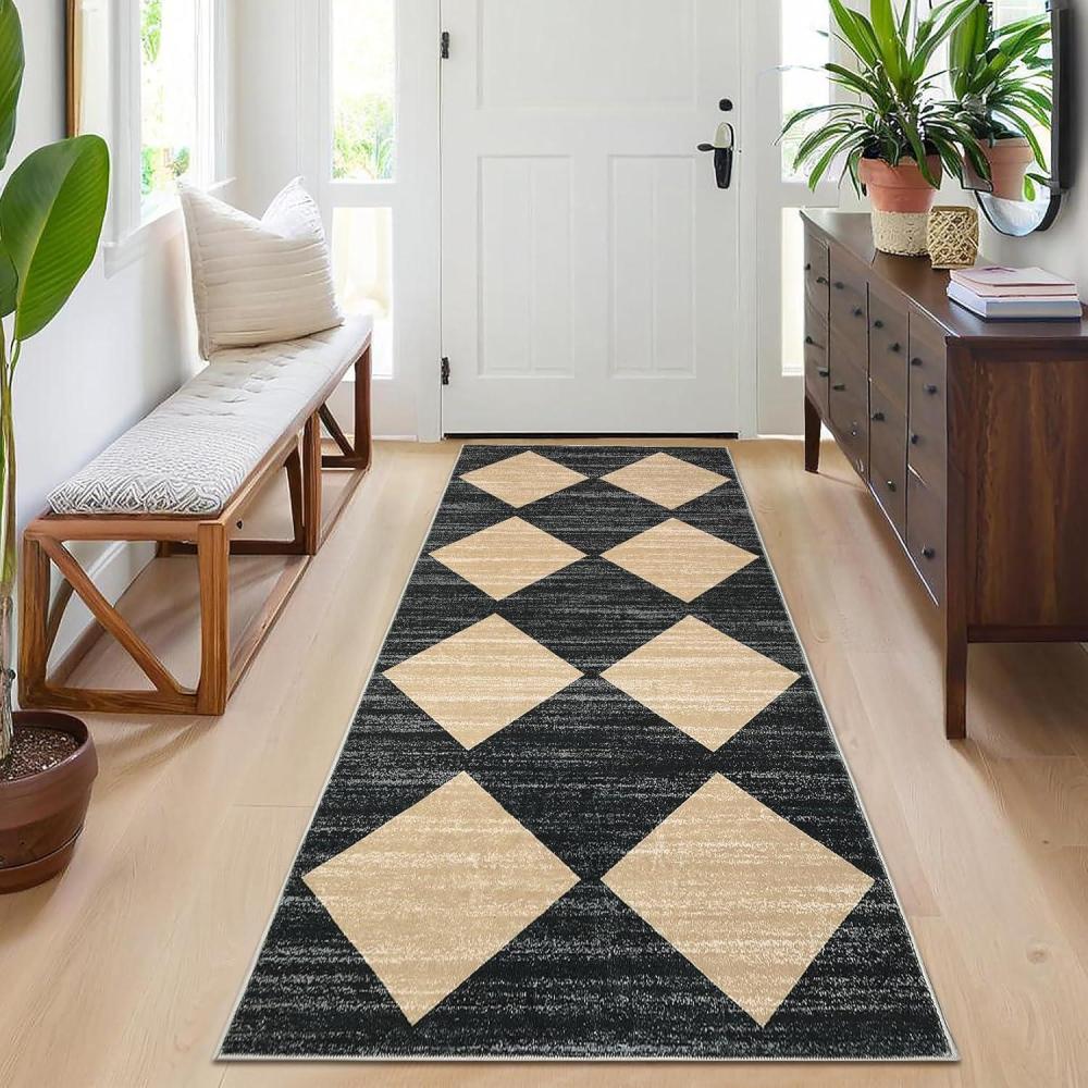 image:imageGarvee Large Area Rug 9x12 Washable Scalloped Living Room Rug Non Slip Modern Checkered Carpet Soft Non Shedding Floor Covering Indoor Low Pile Stain Resistant Mat for Bedroom MousseCheckeredblack  Brown