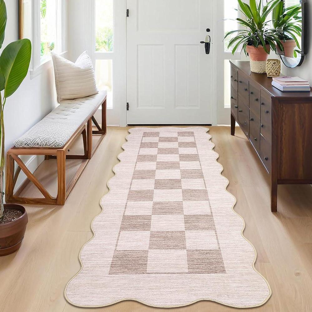 image:imageGarvee Large Area Rug 9x12 Washable Scalloped Living Room Rug Non Slip Modern Checkered Carpet Soft Non Shedding Floor Covering Indoor Low Pile Stain Resistant Mat for Bedroom MousseScalloped Checkeredbeige