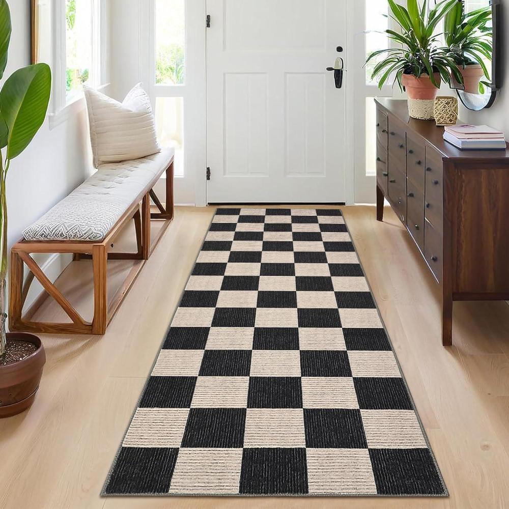 image:imageGarvee Large Area Rug 9x12 Washable Scalloped Living Room Rug Non Slip Modern Checkered Carpet Soft Non Shedding Floor Covering Indoor Low Pile Stain Resistant Mat for Bedroom MousseTexturedblack