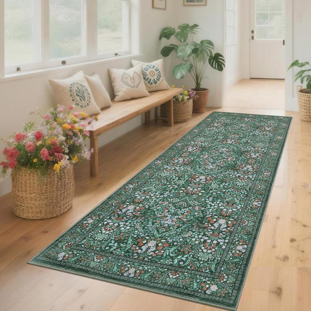 image:imageGarvee Large Washable Area Rug 10 x 13 for Living Room NonSlip Soft Modern Floral Rug Low Pile Farmhouse Floral Carpet NonShedding Foldable Printed Rugs for Bedroom Dining Room GreenFloral3  Dark Green