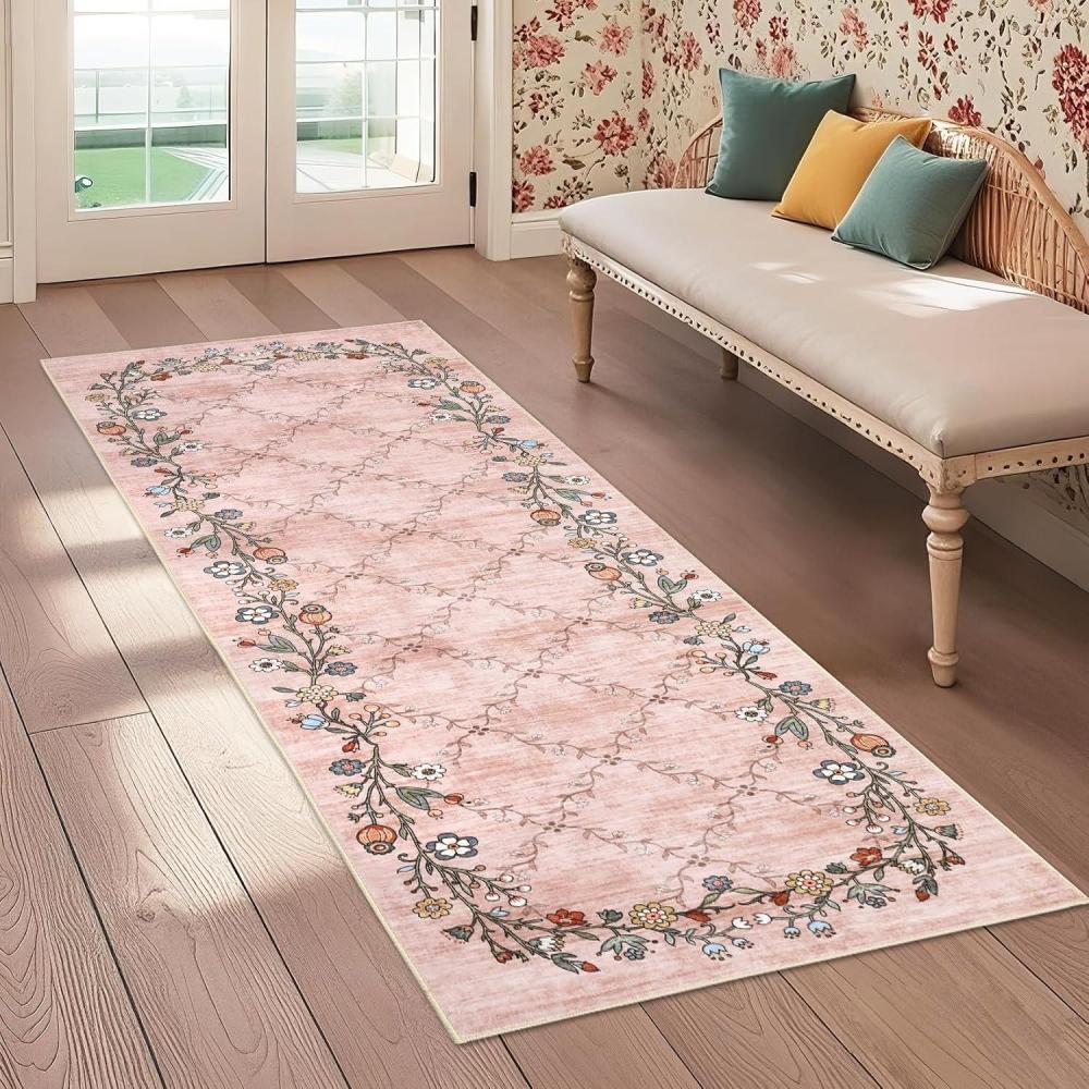 image:imageGarvee Large Washable Area Rug 10 x 13 for Living Room NonSlip Soft Modern Floral Rug Low Pile Farmhouse Floral Carpet NonShedding Foldable Printed Rugs for Bedroom Dining Room GreenFloral Vines Pink