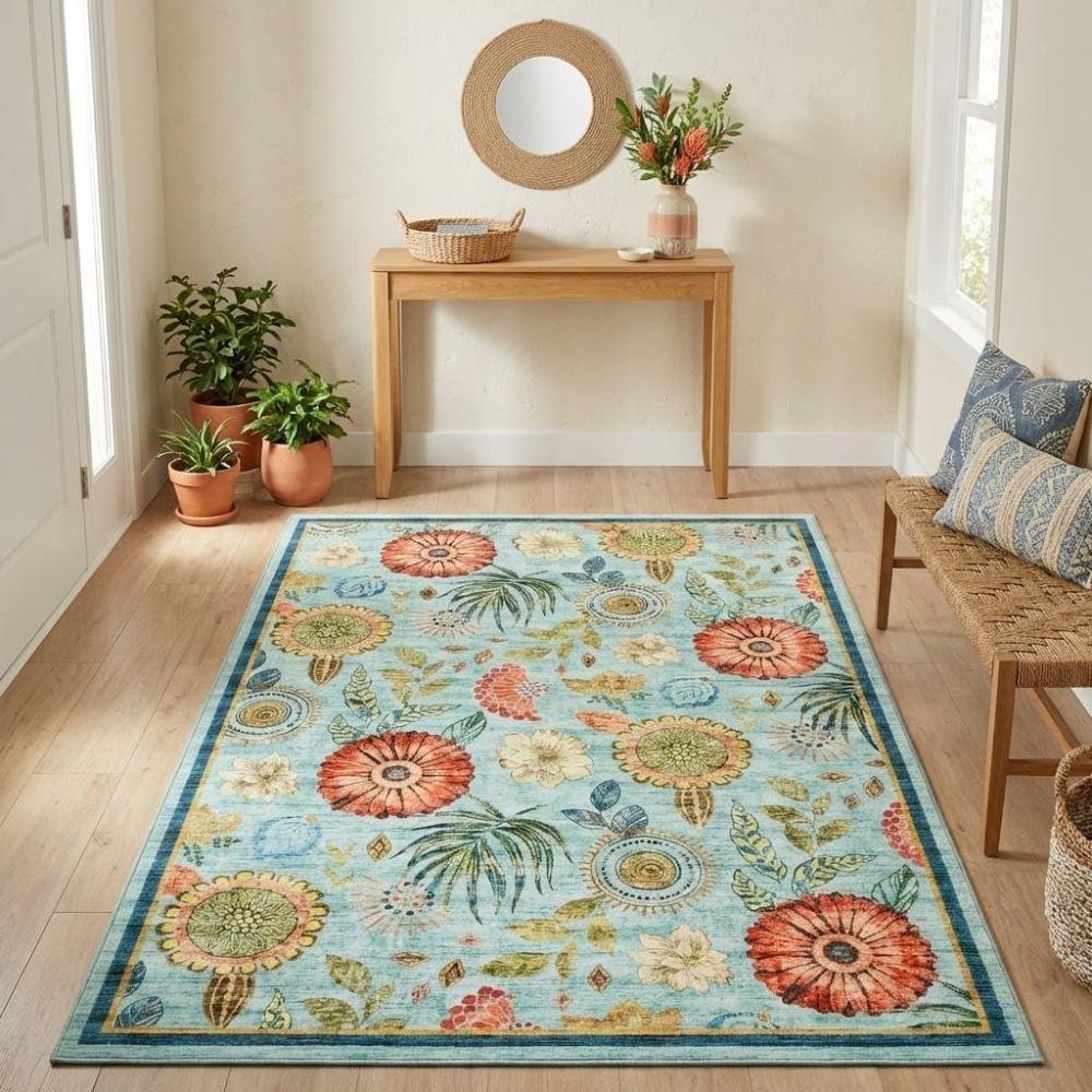 image:imageGarvee Large Washable Area Rug 10 x 13 for Living Room NonSlip Soft Modern Floral Rug Low Pile Farmhouse Floral Carpet NonShedding Foldable Printed Rugs for Bedroom Dining Room GreenFloral  Blue